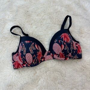 Navy Red Pineapple Floral Print Molded Cup Bikini Top, 32D
